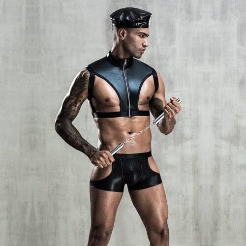 4-Piece Set Mens Role Play Leather Sexy Police Uniform Set Cosplay Gay Bar Dance Costume Outfit