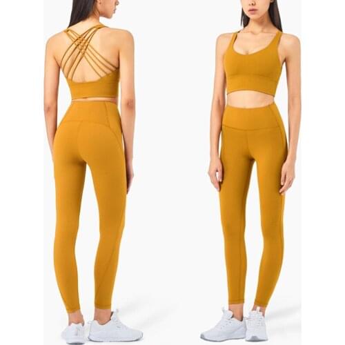 Spring Summer New Women Gym Yoga Workout Sets Shockproof Cross Sport Bra + High Waist Tigh Yoga Pant 2 Pcs Running Workout Suits