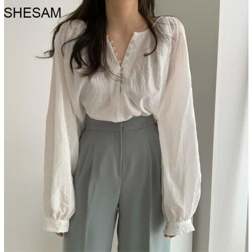 Korean Chic Summer Simple Round Neck Shell Thin Air Conditioning Shirt Loose and Long Sleeve Shirt