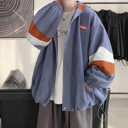 Autumn Men Bomber Jacket Patchwork Cardigan Hooded Trend Casual Loose Corduroy Streetwear Men Winter Jackets Streetwear