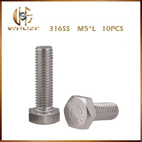 M5 M5*10/12/16/20/25/30mm 316 Stainless Steel ss Bolt DIN933 Metric Full Thread External Hex Hexagon Head Screw