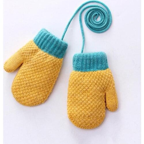 Lovely Solid Color Kids Boys Girls Knitted Full Finger Rope Hanging Neck Gloves Warm Winter Mittens plus velvet thickening warm