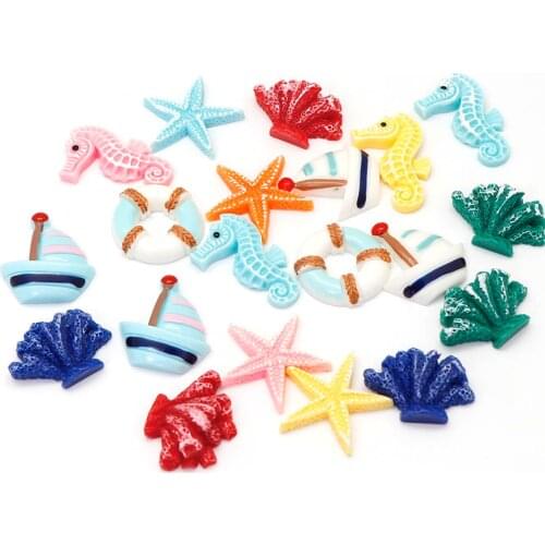 Cute 20pc/set Flat Back Resin Cabochon Resin Ocean Set Boat Starfish Seahorse Coral Mix Style DIY Resin Craft Accessories