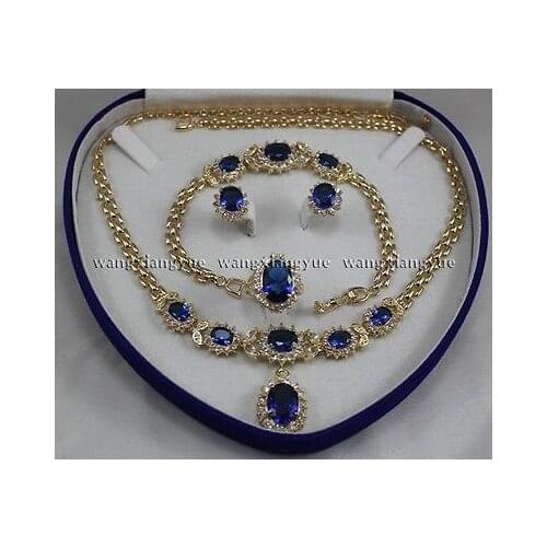 Real Blue Zircon Inlay Link Bracelet earrings Ring Necklace Set >^^1>18K gold plated watch Quartz stone CZ crystal