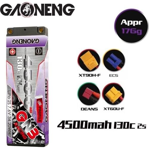 GAONENG GNB 4500mAh 2S 7.6V 130C HV Low Profile Hardcase LiPo Battery Super Shorty 5.0mm Bullet XT60 T for RC Car Boat