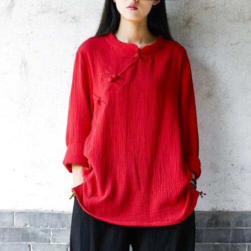 Original Cotton Linen Shirt Women Long Sleeve Clothing 2021 Chinese Style Button Retro Blouses Casual Loose Tops Red Blusas