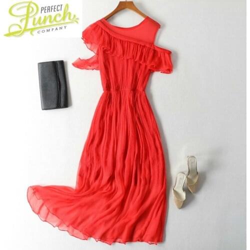 Women Red White Summer Long Dress Elegant Boho Beach Dresses 100% Mulberry Silk Off Shoulder Vestido 08012 KJ5677