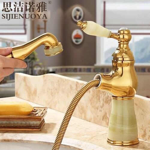 All copper natural jade basin drawing hot and cold faucet golden telescopic faucet under the platform