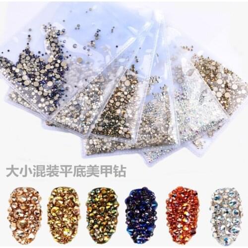 Cross-border for nail jewelry Flat transparent diamond gold AB drill net red nail drill size mixed 1440/pcs, Mixed size Strass