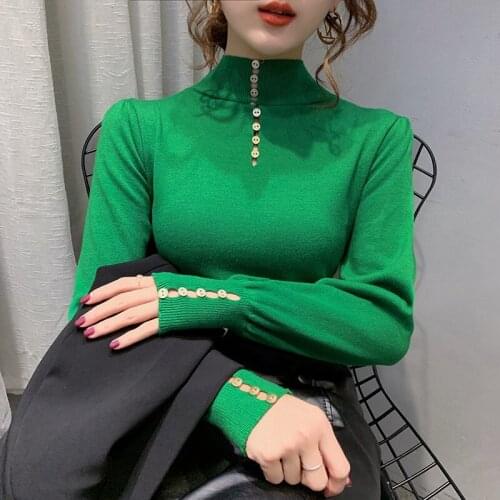 Womens Solid Color Slim Half-high Neck Bottoming Sweater Female Button Lantern Sleeve Pullover Casual All-match Autumn Winter