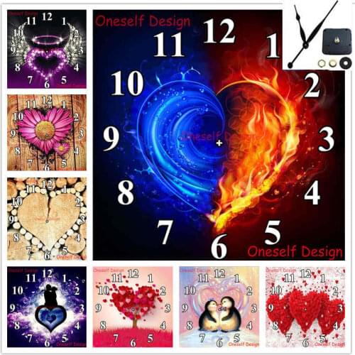 Decortion home 5d diamond painting with clock diamond embroidery set clock heart rhinestone pictures diamond mosaic wall sticker