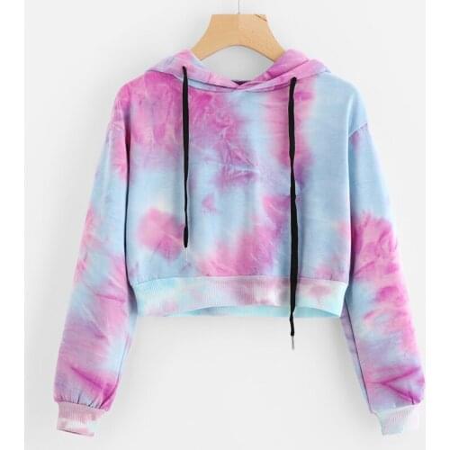 Womens Tie Dye Hoodie Long Sleeve Hooded Crop Sweatshirt Pullover Pastel Colored Streetwear Casual Outfit