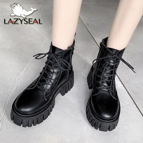 Lazyseal New Black Platform Combat Ankle Boots For Women Lace Up Buckle Lace Up Woman Shoes Zipper Chunky Boots Lasdies Fashion