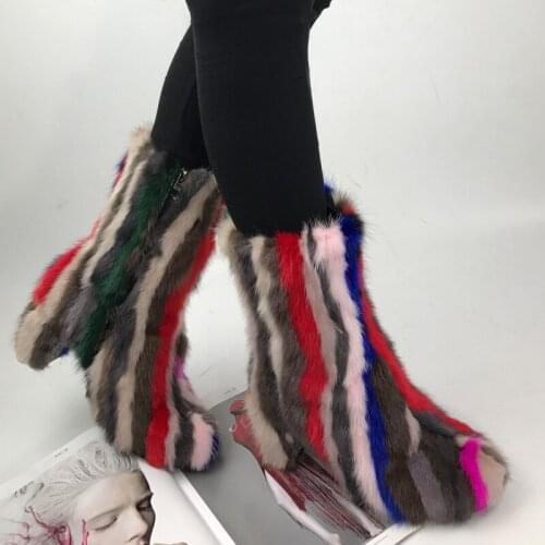 OLOMLB Women Round Toe Real Mink Fur Rainbow Colors Block High Heel Ankle Boots Warm Winter Fleece Liner Genuine Leather Shoes
