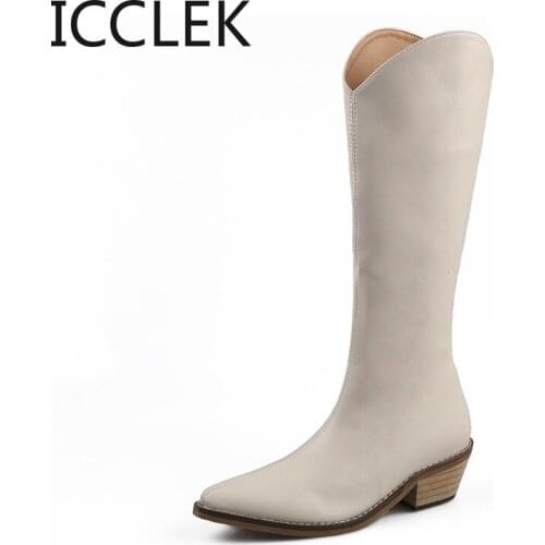 2020 New PU Leather Women Knee High Boots Low Heel Western Cowboy Boots Women Boots Shoes Female Winter Boots Zipper Size 35-43