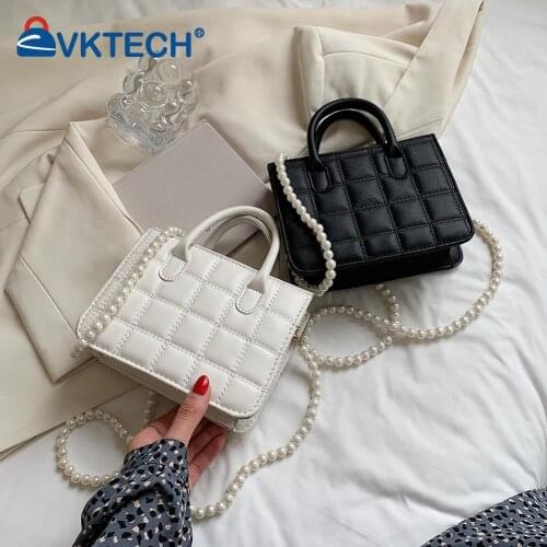 Retro Women Bags Casual Checkered Pattern PU Pearl Chain Mini Shoulder Messenger Summer Shoulder Bag for Women Wallet