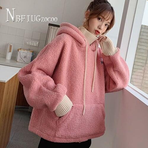2020 Imitation Lambswool Loose Women Sweatshirts Thick Fluff Hooded Female Sweatshirts