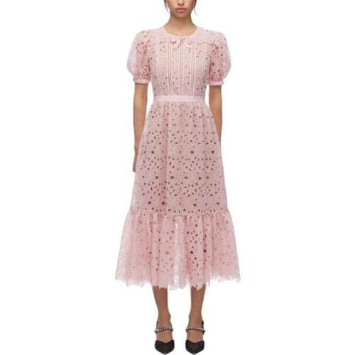 Pink Lace Long Dresses Women High Quality 2021 New Sweet O-Neck Puff Sleeve Bows Hollow Out Hook Flower Party Dress Vestidos