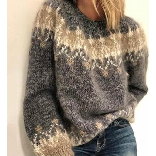Winter Womens Sweater Elegant O-Neck Knitted Sweater Ladies Print Long Sleeve Pullover Thicken Warm Loose Females Jumpers