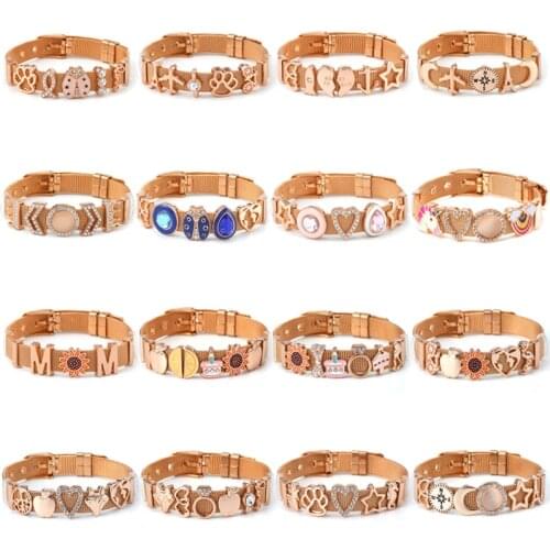 10mm Rose Gold Stainless Steel Keeper Mesh Bracelet Set With Love Heart Charms Slide Bads For Women Fashion Jewelry Gift