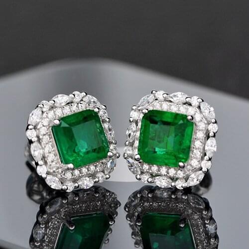100% 925 Sterling Silver Square Created Emerald Gemstone Stud Earrings Ear Studs Earrings Ladies Fine Jewelry Vintage