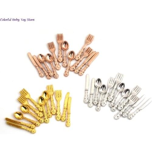 12PCS 1:12 Doll House Miniature Accessories Fork Knife Soup Spoon Mini Tableware Simulation Kitchen Food Furniture Toys