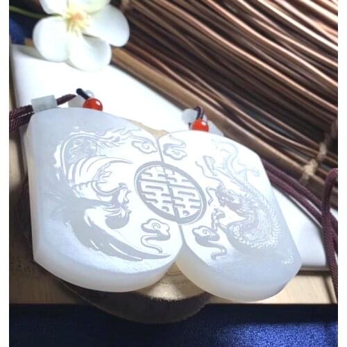 2* Costly Sea tridacna Pendant giant clam carven Dragon Phoenix Amulet hanging Organic gem For man and wife