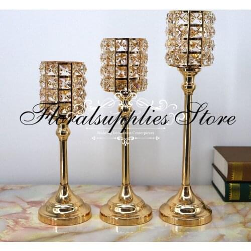 3 Sizes Luxury Wedding Crystal Candle Holder Metal Candlestick Gold Candelabra Centerpiece Home Decoration Candle Holders