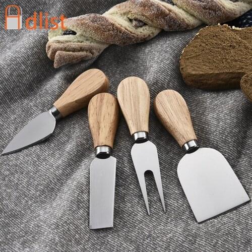 4PCS Stainless Steel Slicer Cheese Knives Spreader Desser Butter Knife Cutter Spatula Fork Set wooden Handle Cutlery Set Tool