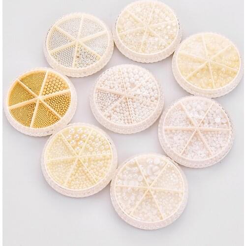 6 Grids White Imitation Half Pearls Beauty Nail Decoration 3D Gold Beads Rhinestone Nail Art Design Tips DIY Mix Various Sizes