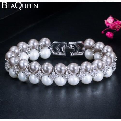 BeaQueen Exquisite Cubic Zirconia Big Round White and Grey Pearl Wedding Bangles Bracelets Party Jewelry for Bridesmaids B181