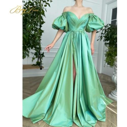 Light Green A line Evening Dress Long Satin Puff Sleeve Off Shoulder Prom Dress Side Slit Zipper Formal Gown vestidos de noche
