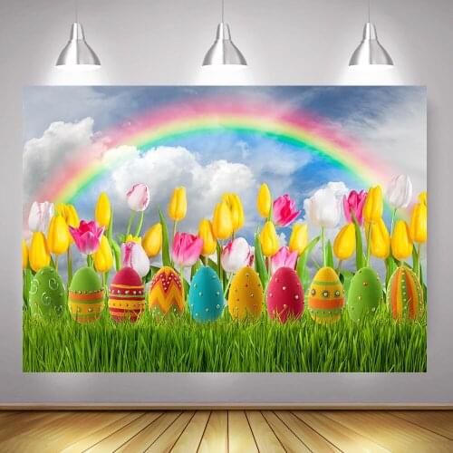 Easter Eggs Background for Photo Studio Rainbow Scenery Cloud Backdrop Spring Flowers Green Grass Photography Photoshoot