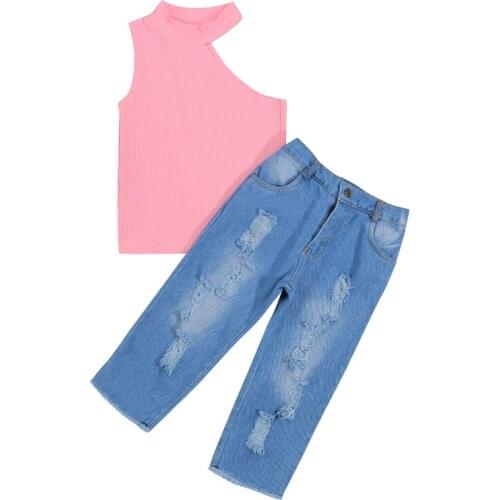Kids Set Clothing Sleeveless Irregular Cut Top + Ripped Denim Trousers Casual Style Summer Childrens Clothing Girl Two Piece Set