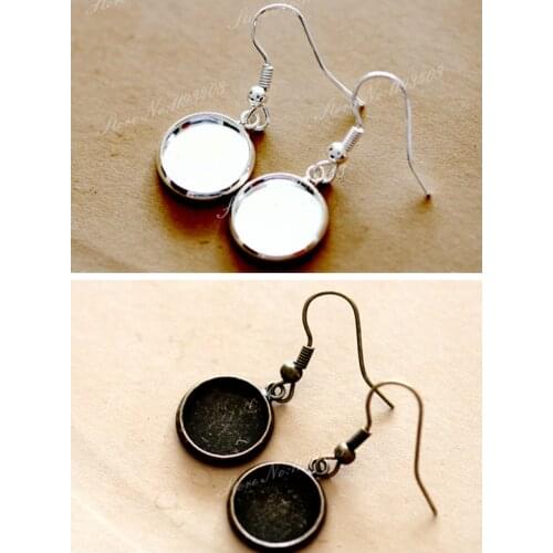 12mm 16mm Round Earring Hooks Silver Antique Bronze finish base Brass tray earring Ear Wires- Cabochon Setting (EAR-74)