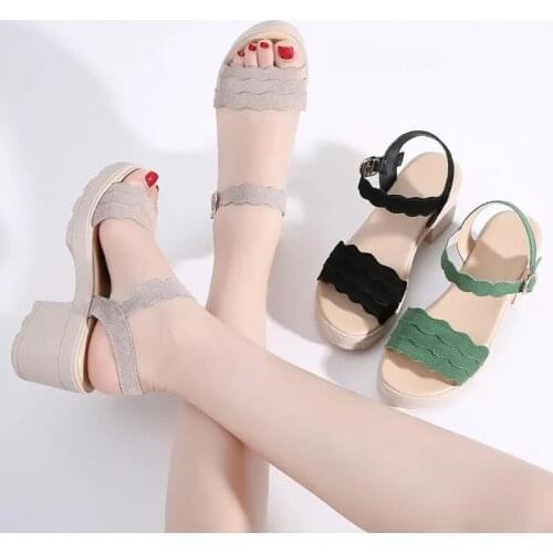 Summer Womens Sandals Anti Suede Leather Thick Heel Leather High Rise Casual Shoes Thick Bottom Buckle Korean Sandals