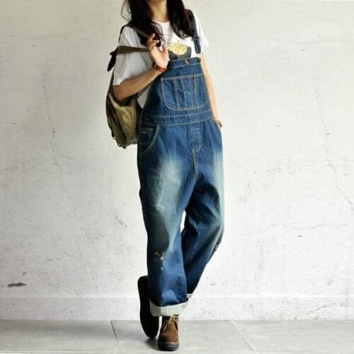 2021 New Womens casual loose denim overalls Ladys oversized hole ripped baggy jeans Wide leg pants for Leisure simplicity