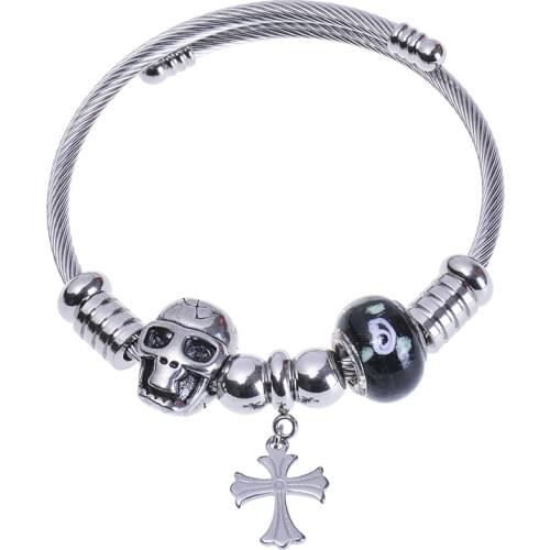 European and American Bracelet mens Cross metal titanium steel skull head blackened retro stainless steel open Bracelet