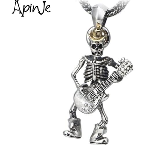Apinje Thai Silver Skull Pendant for Men Women S925 Sterling Silver Guitar Skeleton Hip Hop Rock Pendants Jewelry