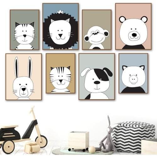 Lion Tiger Monkey Rabbit Dog Pig Bear Cartoons Nordic Posters And Prints Wall Art Canvas Painting Wall Pictures Kids Room Decor