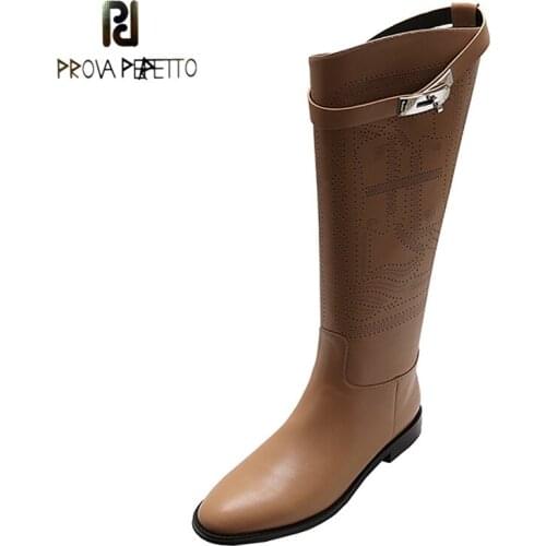 Cow Leather Round Toe Metal Belt Buckle Embellished Flat Bottom Knight Boots Fashion Retro Embroidery Sleeve Knee-length Boots