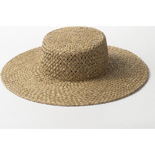 Vintage New Hand-woven Flat Straw Summer Hat Seaweed Outdoor Travel Sunscreen Beach Sunshade Flat Hat New Women Sun Hat Modis