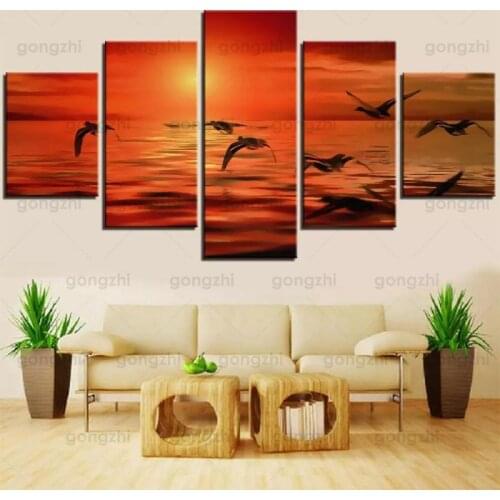 Dusk Red Sky Sea Seagulls Flying Beautiful Seascape Wall Painting Decoration Customized 5Pcs High Quality Canvas Printing Poster