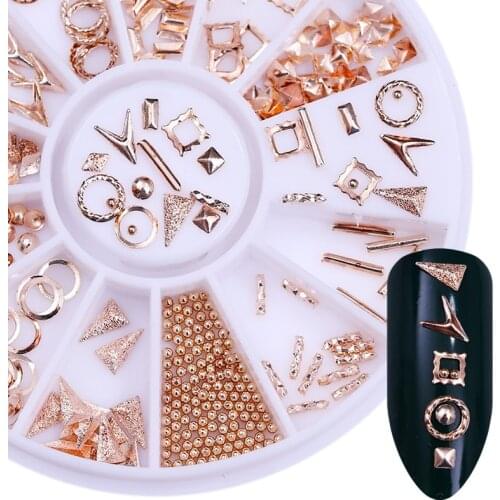 1 Box Rose Gold Rivet Nail Studs Bead 3D Nail Art Decoration Circle Round Square Triangle Nail Wheel Tips Decoration DIY Tool