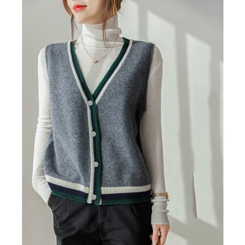 All-match 100% pure wool vest womens V-neck spring 2021 new pullover knitted jacket sleeveless sweater High-end FRSEUCAG brand