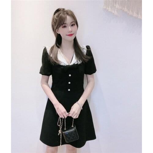 Retro White Doll Collar A-Line Black Mini Dress Women Fashion Elegant New High Waist Slim Holiday Party Light Dresses 2021 New