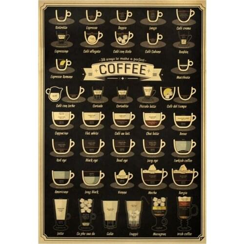 Vintage bar cafe Decoration different coffee cups Kraft Paper Poster Retro Wall Sticker Old Painting