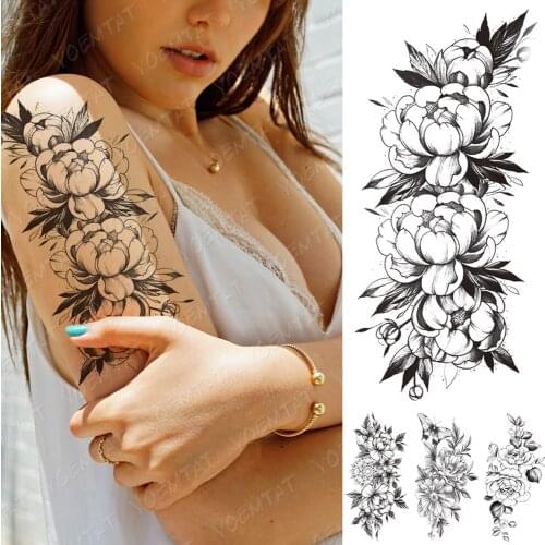 Waterproof Temporary Tattoo Stickers Peony Flower Black Flash Tattoos Female Minimalist Sketch Body Art Arm Thigh Fake Tatto Men