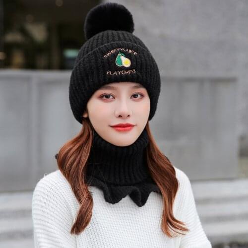 Womens Pompom Ball Avocado Embroidered Cap Knit Plush Fur Hats Winter Windproof Warm Ear Protect Bomber Hat And Scarf Set