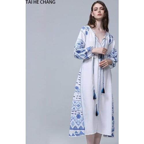 Women dress autumn high-end vestidos elegant vintage bohemian runway sexy embroidery v-neck loose cotton linen white long dress